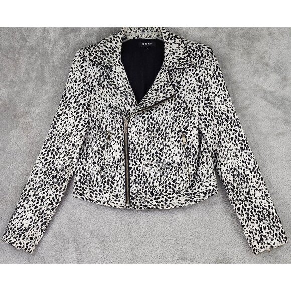 DKNY Jacket Womens XS Black White Animal Print Retro Full Zip Long Sleeve - Picture 1 of 12
